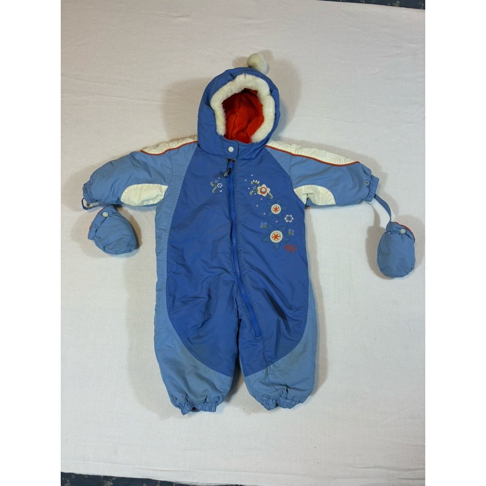 Gagou Tagou Infant Baby Girl Snowsuit 12M Blue Floral‎ One Piece Bunting Mittens